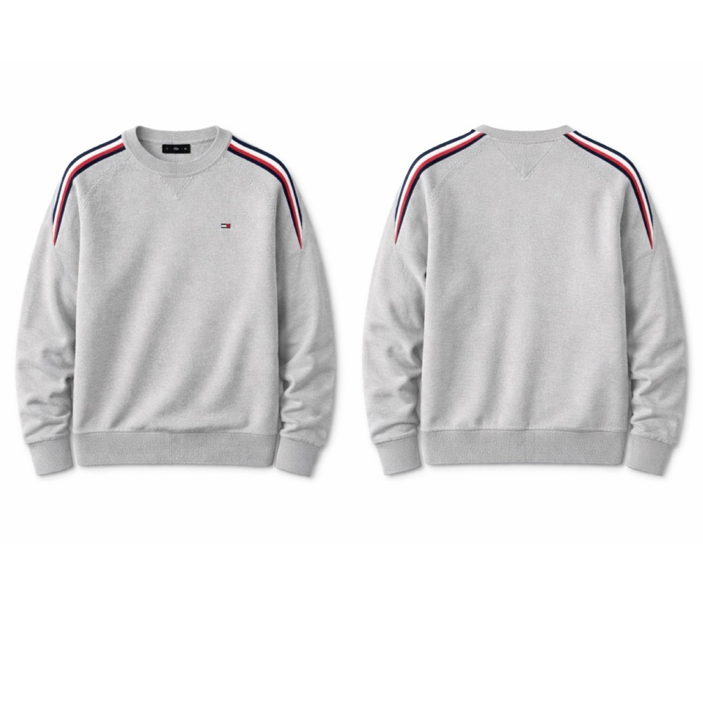TOMMY HILFIGER Gray Logo Crewneck Sweater Sz M Sport Stripe Raglan Preppy - Picture 2 of 15